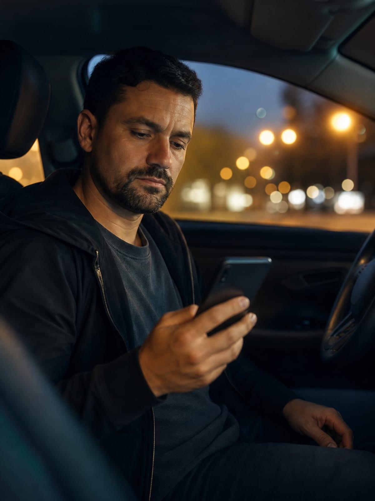 Motorista analisando finanças pelo celular no veículo